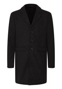 Schwarzer Wollmantel mit einem Reverskragen, vier Knöpfen zum Schließen, zwei Fronttaschen und einer glatten Textur.