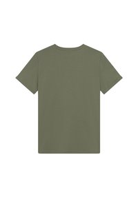 Oliven grøn kortermet T-skjorte, rund hals, laget av myk bomull, med et ensfarget design som har sømde detaljer på ermene og kanten.