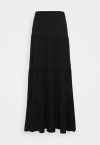 Svart, flerstegs maxi kjol med elastisk midja och rynkade tygpaneler som skapar ett flytande, lager-på-lager utseende.