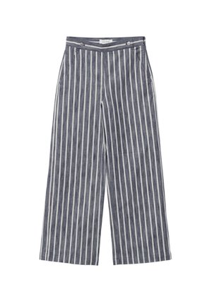 Wide-leg trousers in navy linen with white vertical stripes, featuring two front pockets and a button closure at the waist.