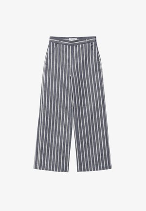 Wide-leg trousers in navy linen with white vertical stripes, featuring two front pockets and a button closure at the waist.