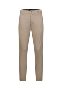 Beige op maat gemaakte broek van gladde stof, met een knoopsluiting, riemlussen en een slim fit ontwerp.