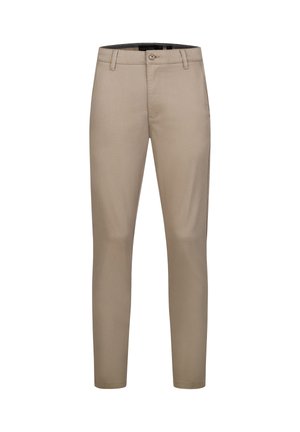 Beige op maat gemaakte broek van gladde stof, met een knoopsluiting, riemlussen en een slim fit ontwerp.