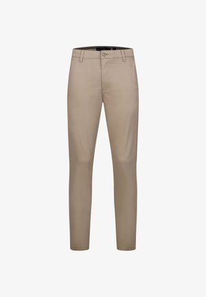 Beige tailored pants made of smooth fabric, featuring a button closure, belt loops, and a slim fit design.