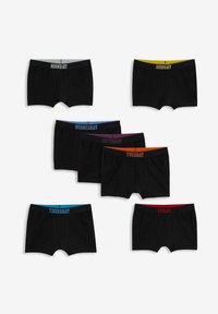 Set di boxer neri in cotone composto da sette paia, ciascuno contrassegnato con un giorno della settimana su bande colorate diverse: da lunedì a domenica.