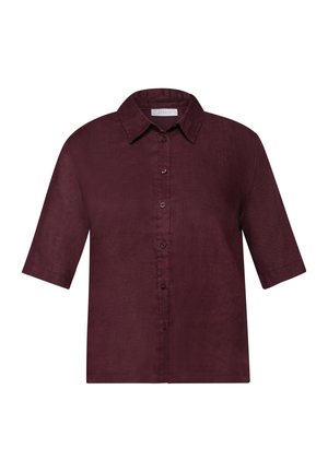 Chemise bordeaux foncé à manches courtes, à boutons, avec un col pointu et un ourlet droit, présentée sur fond blanc.