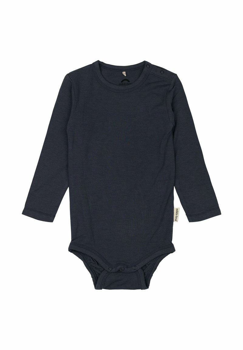Sötét szürke, hosszú ujjú bodysuit puha pamutból, kerek nyakkivágással és patentgombokkal a vállon és alul a könnyű öltözködés érdekében.