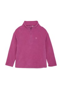 Pullover in pile di colore rosa brillante, con colletto alto e zip a quarto. Presenta maniche raglan e un piccolo logo sul petto. Texture morbida.
