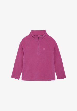 Fleece mikina v jasně růžové barvě, s vysokým límcem a čtvrtkovým zipem. Má raglánové rukávy a malé logo na hrudi. Měkká textura.