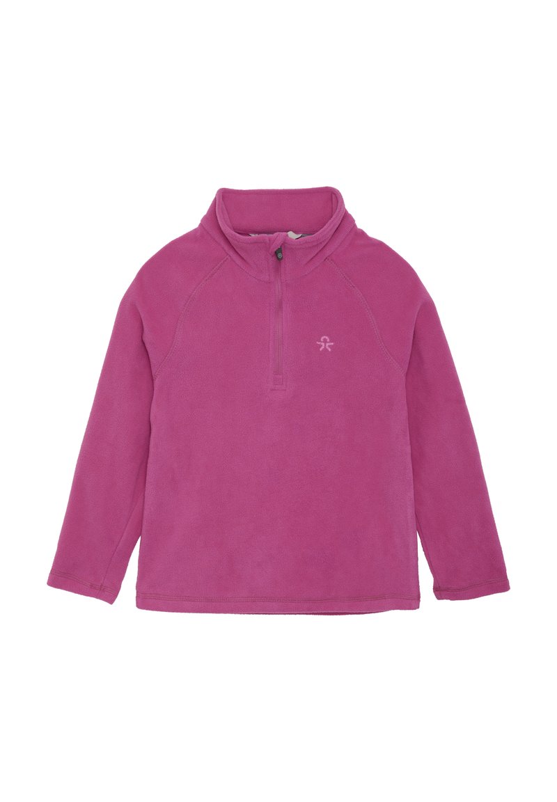 Fleece pulover v svetlo roza barvi, z visokim ovratnikom in četrtim zadrgo. Ima raglan rokave in majhen logotip na prsih. Mehka tekstura.