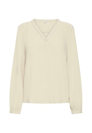 Krémsová blúzka s dlhým rukávom, výstrihom do V, s jedným gombíkom na zapínanie a jemne nariasenými manžetami.