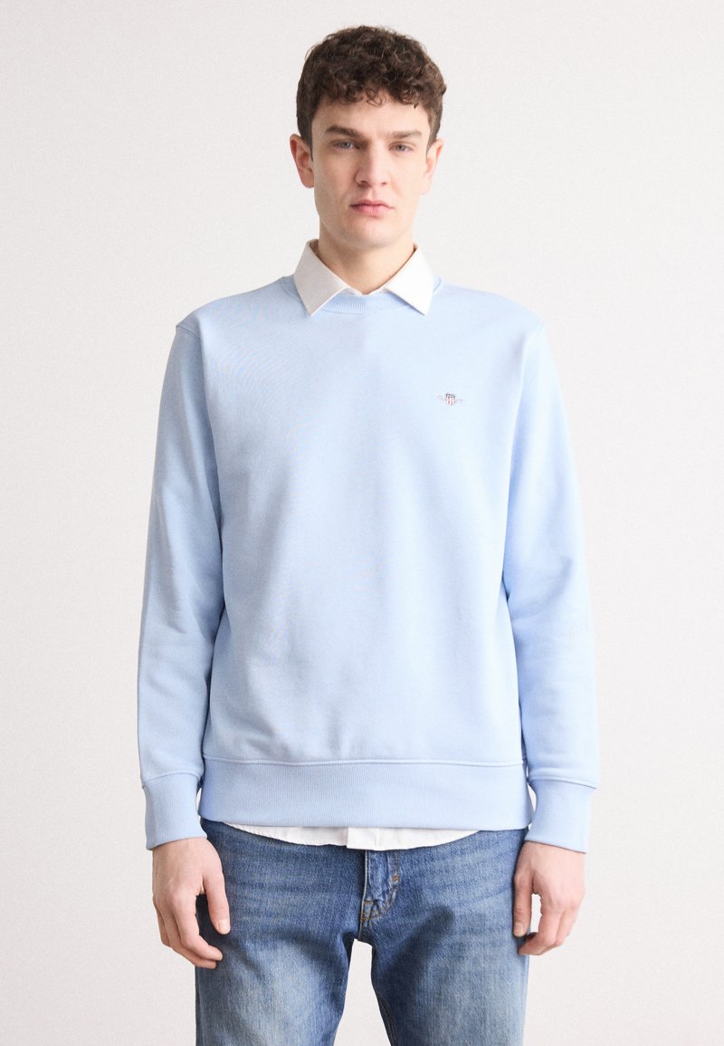 Light blue sweatshirt with ribbed cuffs and hem, featuring a classic collar underneath. A small logo is embroidered on the left chest.