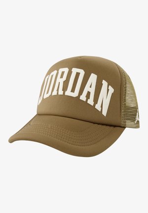 Brown cap with white "JORDAN" text on the front, mesh side panels, a curved brim, and stitched accents.