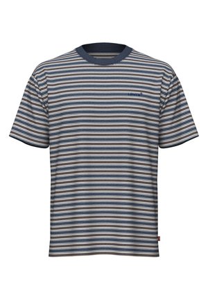 Gestreept T-shirt met marineblauwe, grijze en witte horizontale strepen, korte mouwen en een marineblauwe ribkraag met een klein logo op de linkerborst.