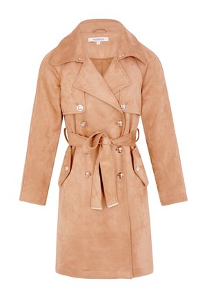 Manteau trench en daim synthétique beige avec une taille ceinturée, des boutons double boutonnage, des poches plaquées et un col cranté. Texture lisse.
