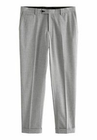 Pantalones de vestir grises hechos de tejido texturizado, con frente plano, bolsillos laterales y puños en el dobladillo. Silueta limpia y ajustada.