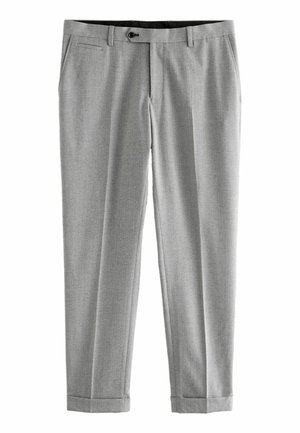 Pantalons de costume gris en tissu texturé, avec un devant plat, des poches latérales et des bas avec revers. Silhouette propre et ajustée.