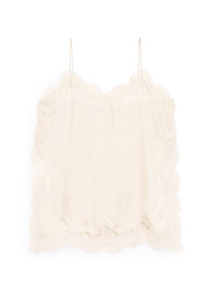 Cream silk camisole with delicate lace trim along edges and adjustable spaghetti straps. Lightweight fabric with a smooth texture.