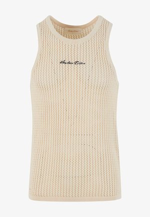 Cream-colored sleeveless top in a textured, open-knit design with ribbed neckline and the embroidered text "Another Tille" on the front.