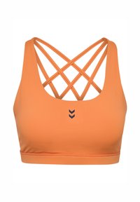 Oranje sport-bh, met een crisscross rugontwerp, naadloze randen en een klein donker chevron-logo aan de voorkant.