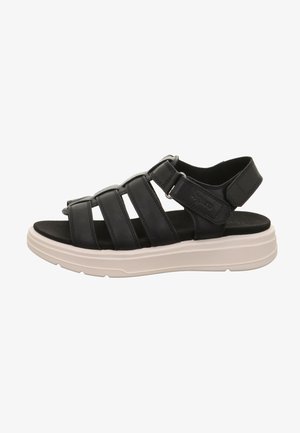 Czarna skórzana sandał z trzema paskami, regulowaną klamrą i szarą gumową podeszwą. Charakteryzuje się gładką fakturą i odkrytym tyłem.