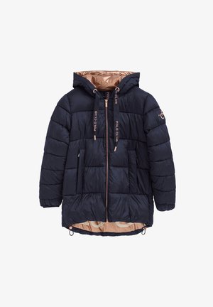 Veste matelassée bleu marine avec capuche, fermeture éclair en or rose, doublure intérieure, cordons de serrage "Polo Club" et écusson sur la manche.
