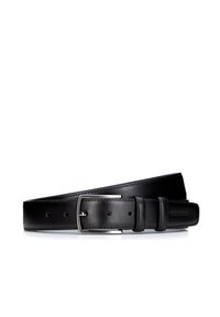 Cintura nera in pelle con una texture liscia, una fibbia rettangolare argentata, tre fori per i rebbi e un accento marchiato sulla cinghia.