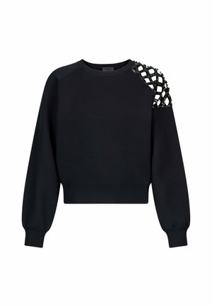 Must pikkade varrukatega lühike kampsun ribadega mansettide ja äärega, mis on kaunistatud õigel õlal avatud võrgustiku kujundusega, millel on ehe.