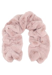 Sciarpa in pelliccia sintetica di un delicato rosa, con un design intrecciato. La texture è morbida con una superficie liscia e una leggera lucentezza su tutta la lunghezza.
