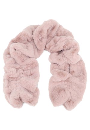 Sciarpa in pelliccia sintetica di un delicato rosa, con un design intrecciato. La texture è morbida con una superficie liscia e una leggera lucentezza su tutta la lunghezza.