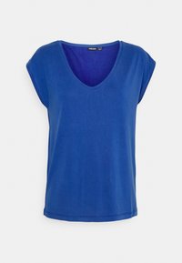 Short-sleeve, deep V-neck top in solid blue fabric. Features a relaxed fit and smooth texture, with stitched detailing along the hem.