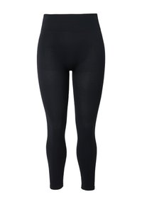 Leggings noires ajustées avec une texture côtelée, une taille haute et une longueur aux chevilles. Pas de motifs visibles ni de détails en matériel.
