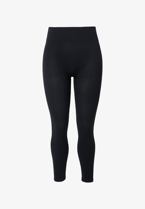 Leggings noires ajustées avec une texture côtelée, une taille haute et une longueur aux chevilles. Pas de motifs visibles ni de détails en matériel.