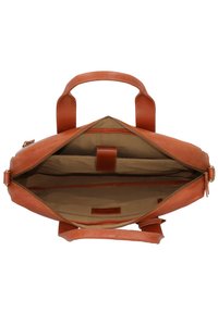Bruine leren tas met een ritssluiting. Beschikt over een ruime binnenkant, beige stoffen voering en een enkel binnenvak. Gladde textuur.