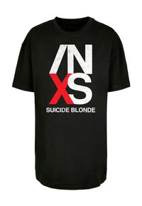 Černé bavlněné tričko s výrazným bílým a červeným nápisem: "INXS" a "SUICIDE BLONDE." Krátké rukávy a kulatý výstřih.
