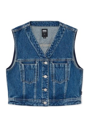 Gilet in denim di blu medio, design senza maniche con scollatura a V, chiusura frontale con cinque bottoni e due tasche sul petto. Tessuto testurizzato.