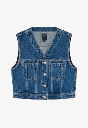 Denim vest in medium blue, sleeveless design with a V-neckline, five button front closures, and two chest pockets. Textured fabric.