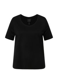 T-shirt nera a maniche corte, scollo rotondo, realizzata in tessuto morbido, con una vestibilità rilassata e una texture liscia senza fantasie o dettagli.