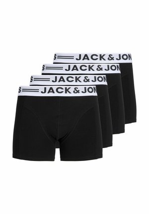 Quatre paires de boxers noirs pour hommes avec des ceintures blanches portant le texte "JACK & JON" en lettres noires.