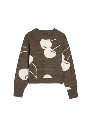 Brązowy sweter dzianinowy z białym abstrakcyjnym wzorem, okrągłym dekoltem i długimi rękawami. Teksturowany materiał z krótkim krojem i rękawami raglanowymi.