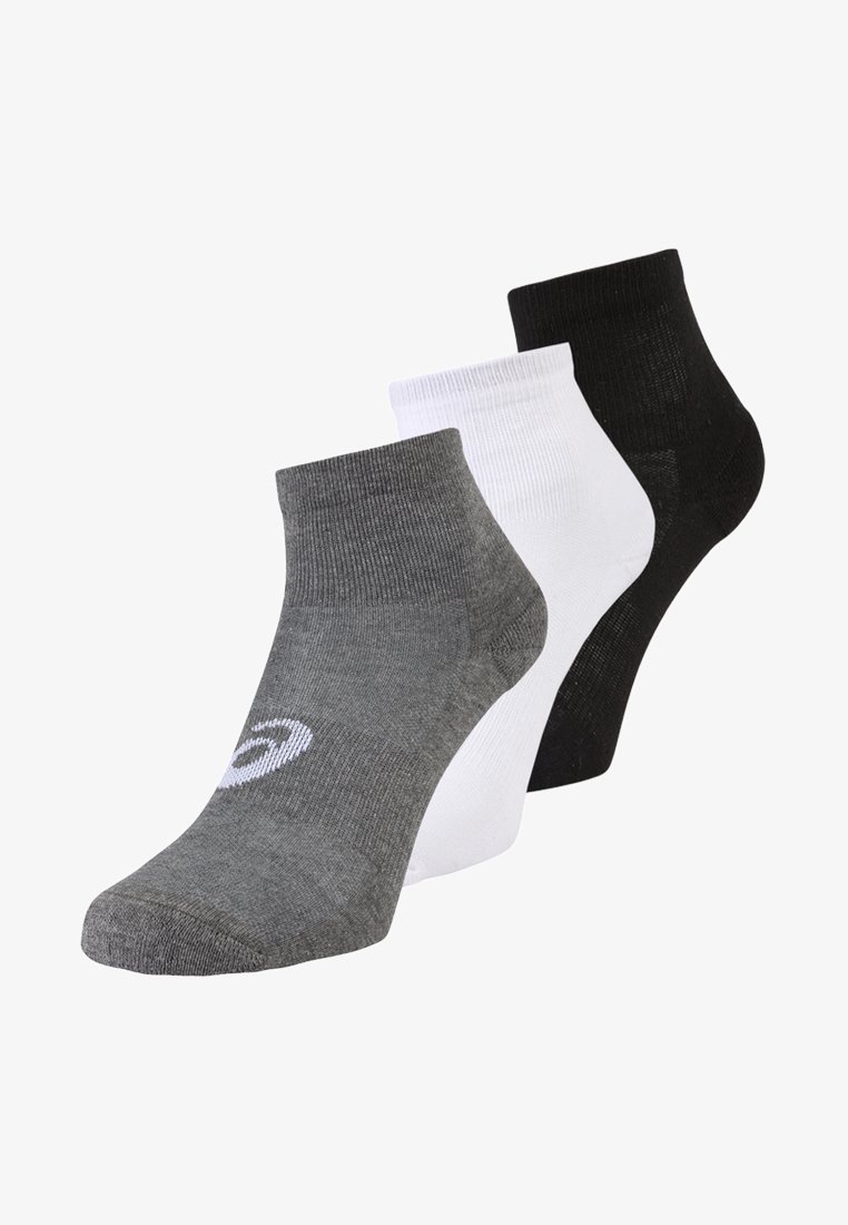Three pairs of ankle socks displayed together: one gray, one white, and one black. All made of a soft, textured, stretchy material.