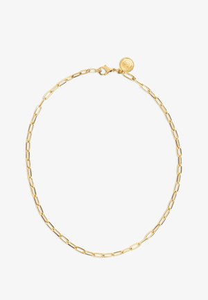 Guldkedja med avlånga ovala länkar, slät yta och en karbinhake-stängning med en liten cirkulär detalj.