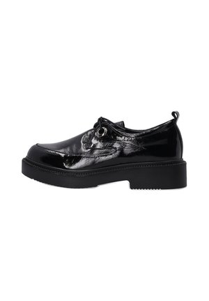 Black polished leather oxford shoes with a chunky black sole. Features a rounded toe and lace-up design with metallic eyelets.