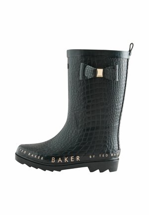 Black textured mid-calf rain boot with a bow and gold plaque, featuring "BAKER by Ted Baker" text around the sole edge.