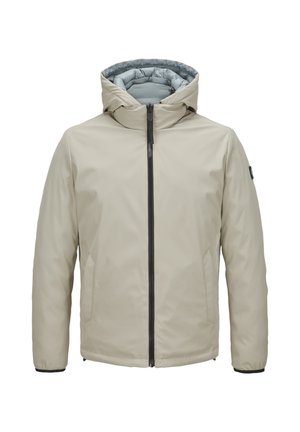 Hellbeige, kapuzenjacke mit Reißverschluss vorne. Sie verfügt über ein graues gesteppte Futter, zwei seitliche Taschen und schwarze Reißverschlussdetails.