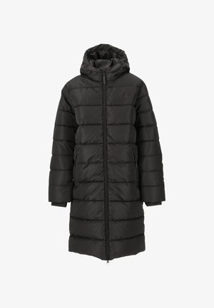 Manteau en duvet noir avec capuche, manches longues et fermeture éclair sur le devant. Présente un motif matelassé horizontal et des poches latérales.