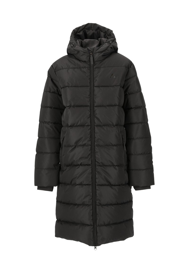 Schwarze Daunenjacke mit Kapuze, langen Ärmeln und vorderem Reißverschluss. Verfügt über ein horizontales Steppmuster und Seitentaschen.