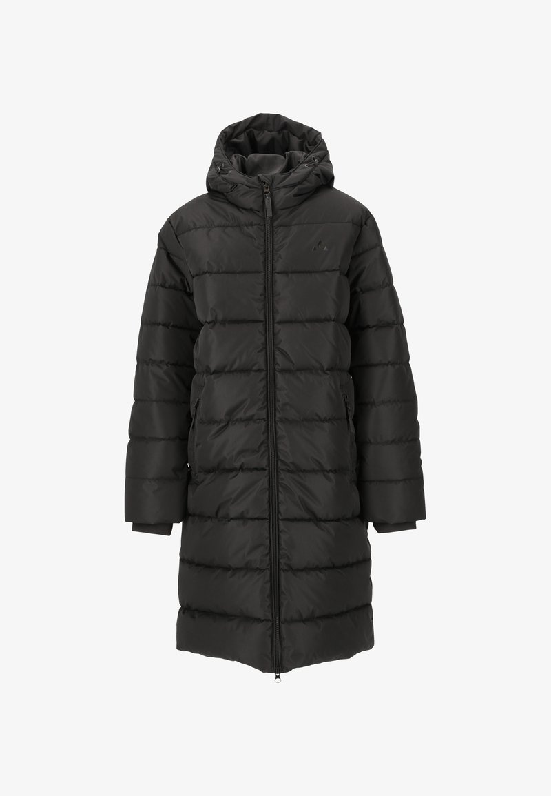 Manteau en duvet noir avec capuche, manches longues et fermeture éclair sur le devant. Présente un motif matelassé horizontal et des poches latérales.