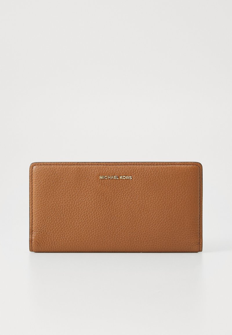 Brown leather wallet with a textured surface. Features a gold logo at the front. Rectangular shape with stitched edges, no visible hardware.