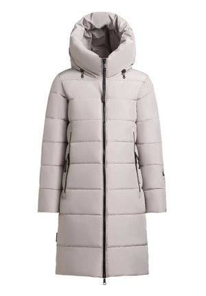 Jasnoszara kurtka puchowa z wysoką stójką, pionowym przeszyciem, dwoma bocznymi kieszeniami na zamek oraz z przodem zapinanym na zamek z czarnymi akcentami.